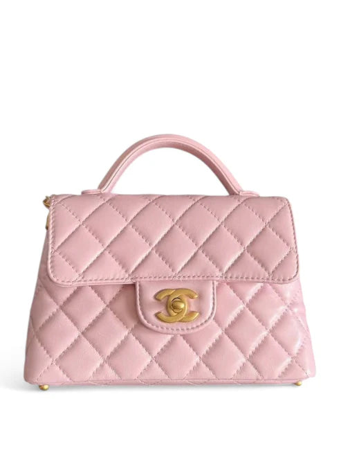 Chanel Flap Bag Top Handle Pink Lambskin AGHW 25P
