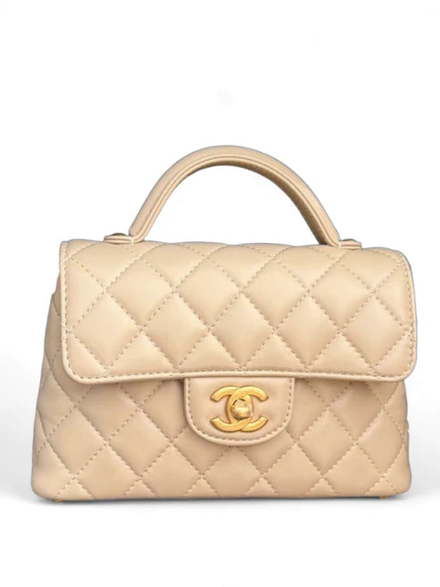 Chanel Flap Bag Top Handle Beige Lambskin AGHW 25P
