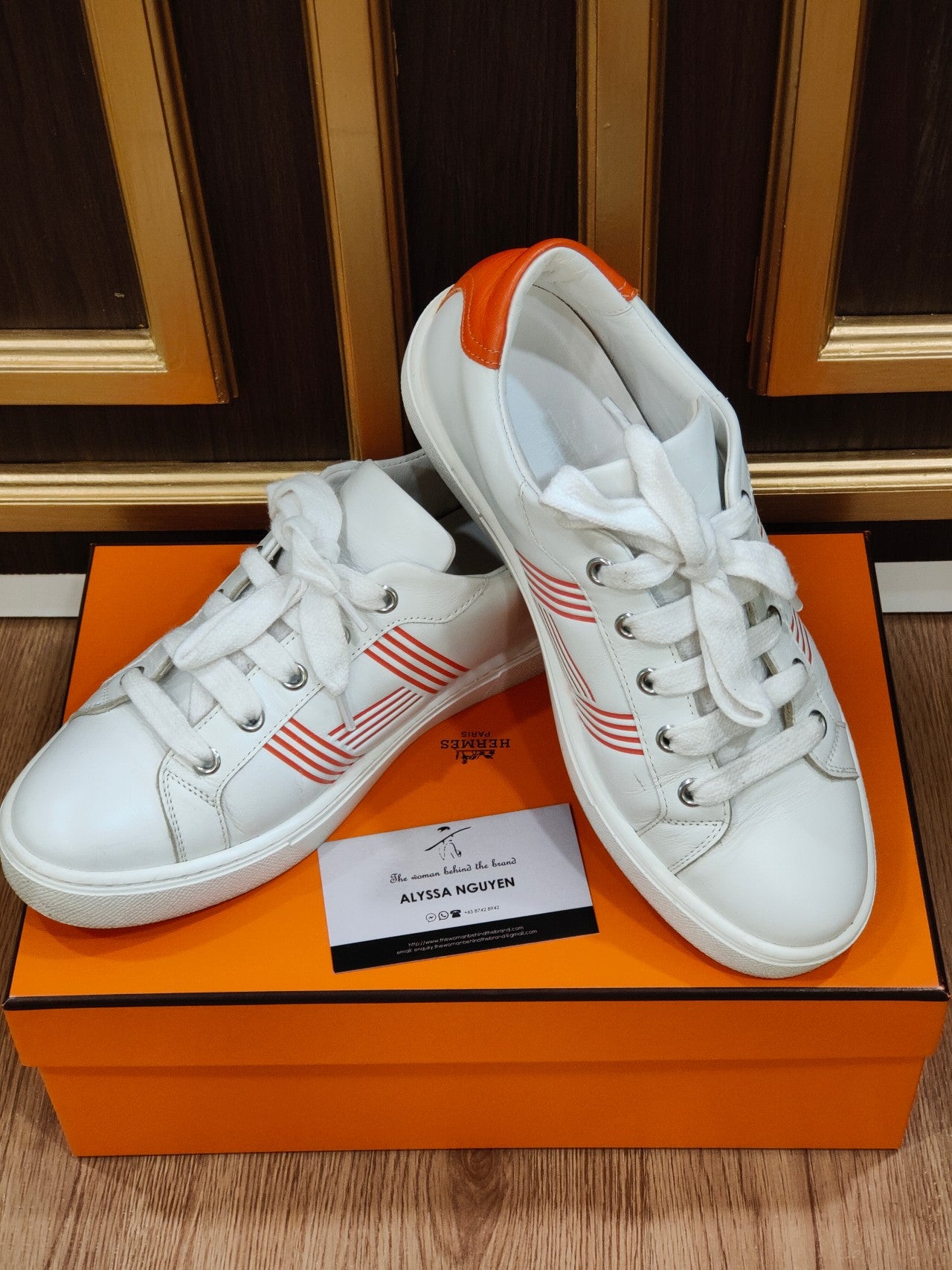 Hermes Avantage Sneaker 36 Blanc/ Orange Rubber Sole White Goatskin Insole and Lining
