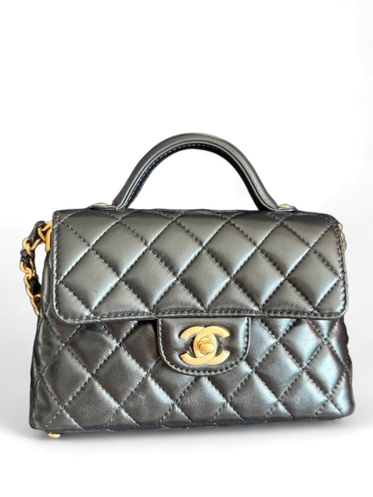 Chanel Flap Bag Top Handle Black Lambskin AGHW 25P
