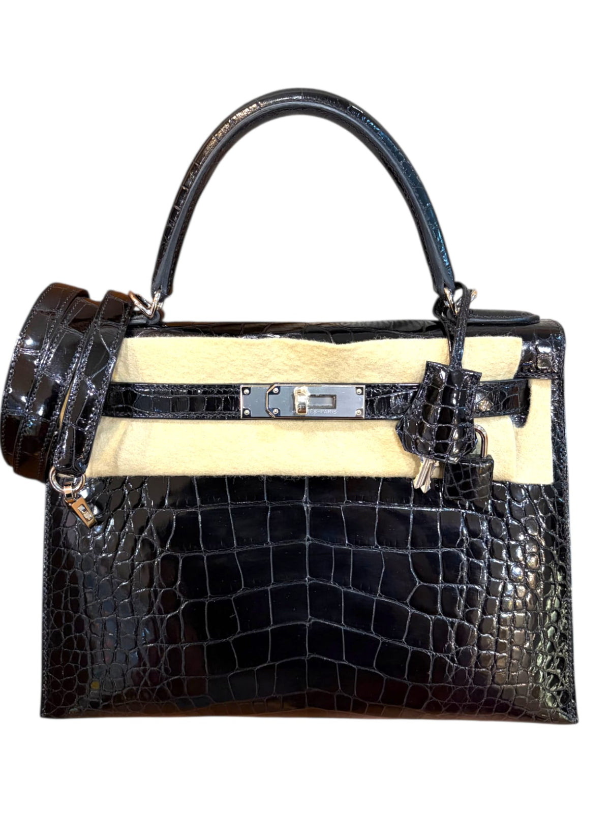 Hermes Kelly Sellier 28 Noir Alligator Shiny PHW