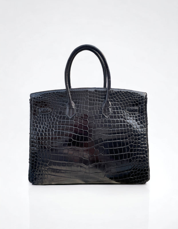 Hermes Birkin Retourne 35 Noir Croc Shiny Porosus GHW