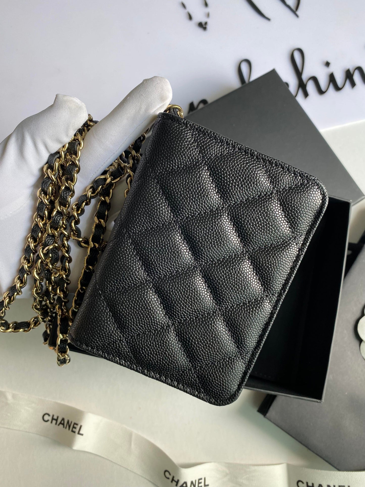 Chanel Card Holder With Chain Black Caviar LGHW