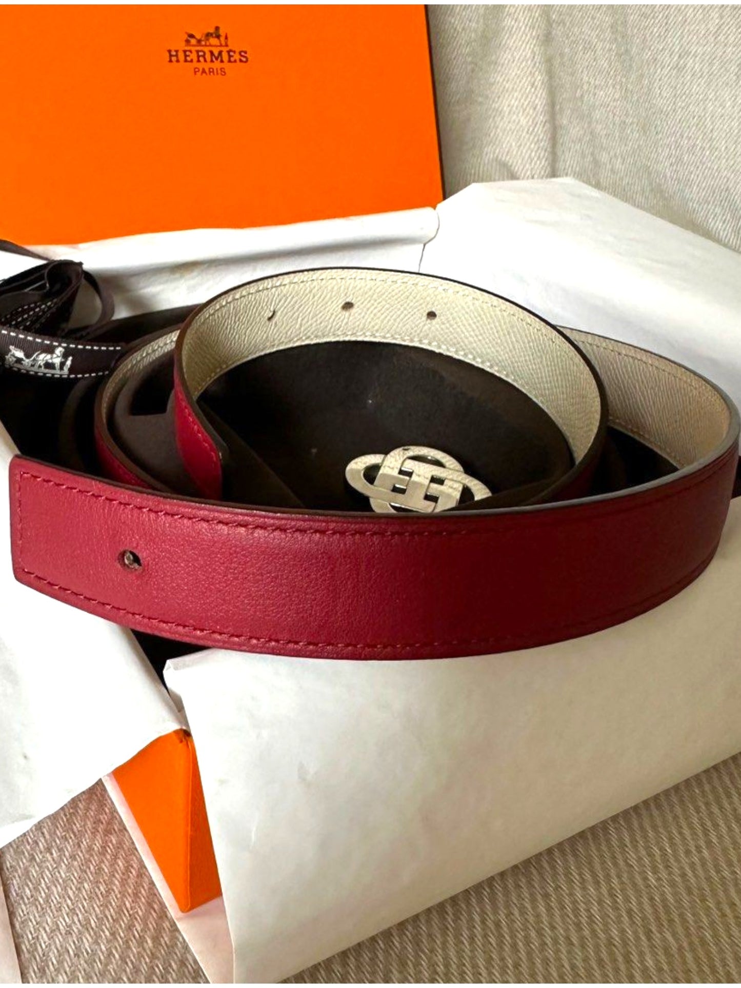 Hermes Buckle and Belt Craie/ Rouge Grenate Epsom/ Swift PHW