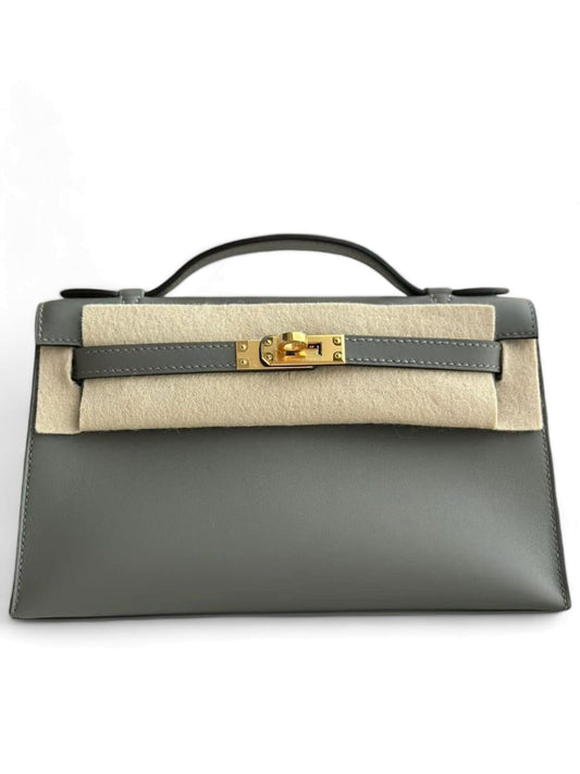 Hermes Kelly Pochette Gris Meyer Swift GHW