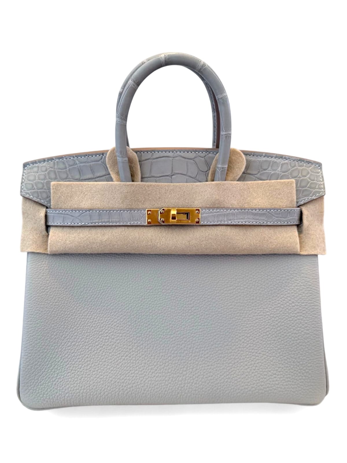 Hermes Birkin Retourne 25 Touch Croc Matte Gris Perle Togo GHW