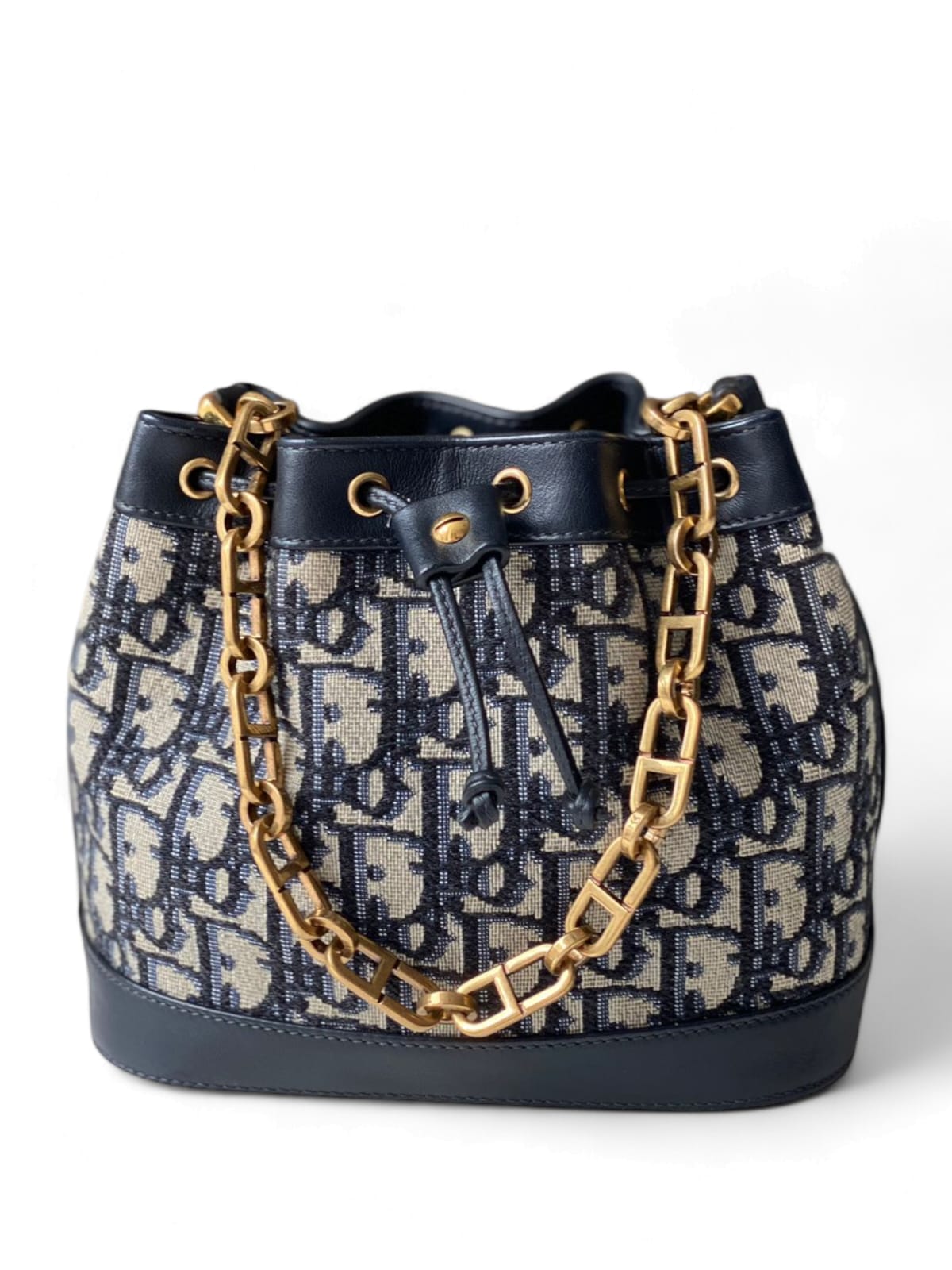 Dior Drawstring Chain Bucket Bag  Navy Blue Oblique Canvas AGHW