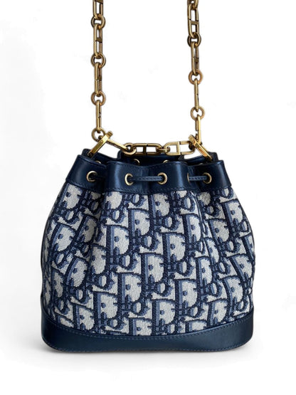 Dior Drawstring Chain Bucket Bag  Navy Blue Oblique Canvas AGHW