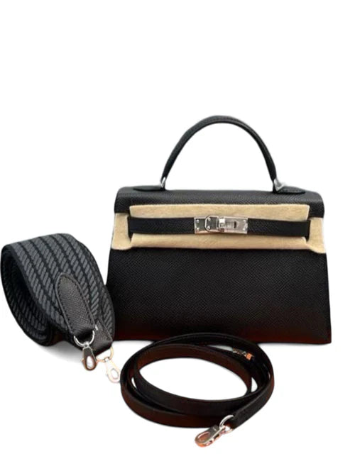 Hermes Kelly Sellier 20 Noir Epsom PHW Double Strap Black/ Gris Misty