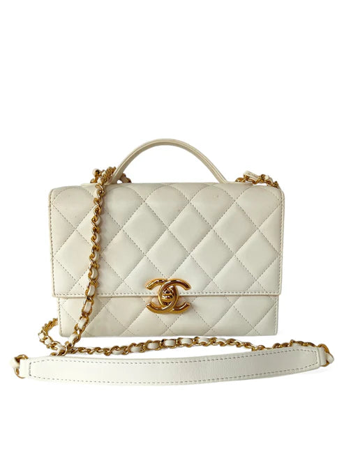 Chanel Flap Bag Top Handle White Lambskin GHW