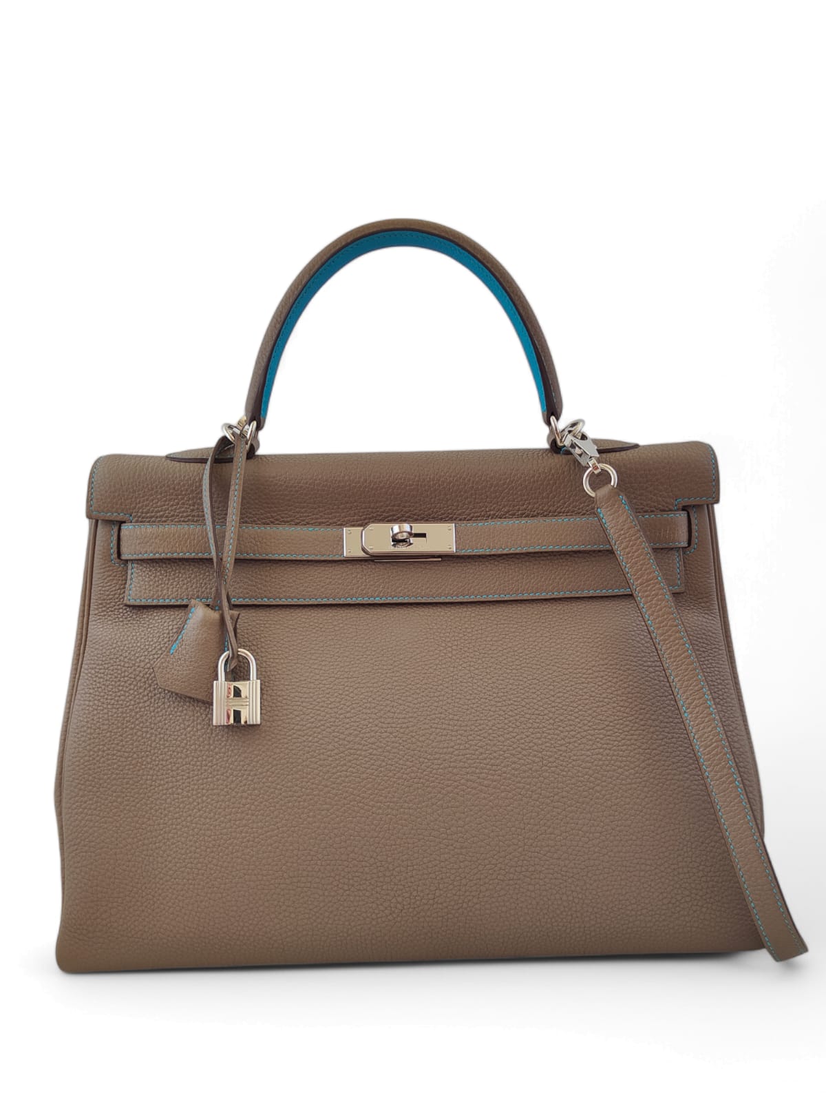 Hermes Kelly Retourne 35 Etoupe Blue Azteque Clemence Eclat PHW