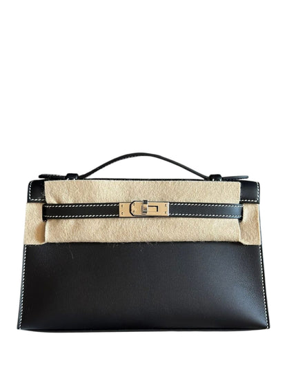 Hermes Kelly Pochette Noir Inside Gris Perle Stitches Swift PHW
