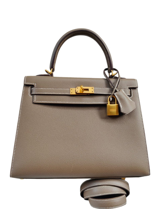 Hermes Kelly Sellier 25 Hss Etoupe & Craie Epsom Brushed Gold Hardware