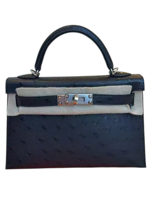 Hermes Kelly Sellier 20 Noir Inside Gris Perle Ostrich PHW