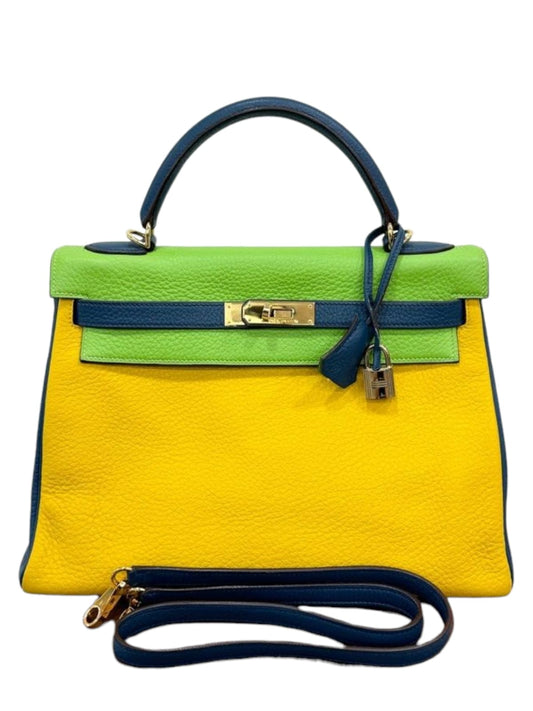 Hermes Kelly Retourne Vintage 32 Vert Cru Jaune Ambre Blue Thalassa GHW