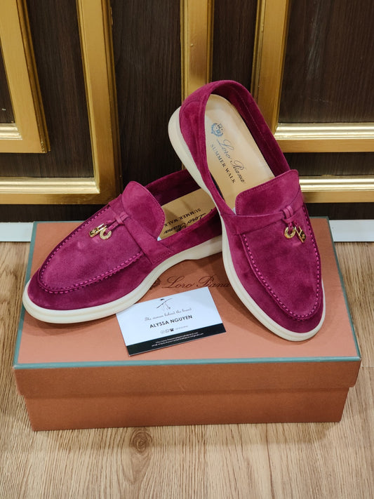 Loro Piana Women's Summer Charms Walk Loafers Suede Burgundy GHW