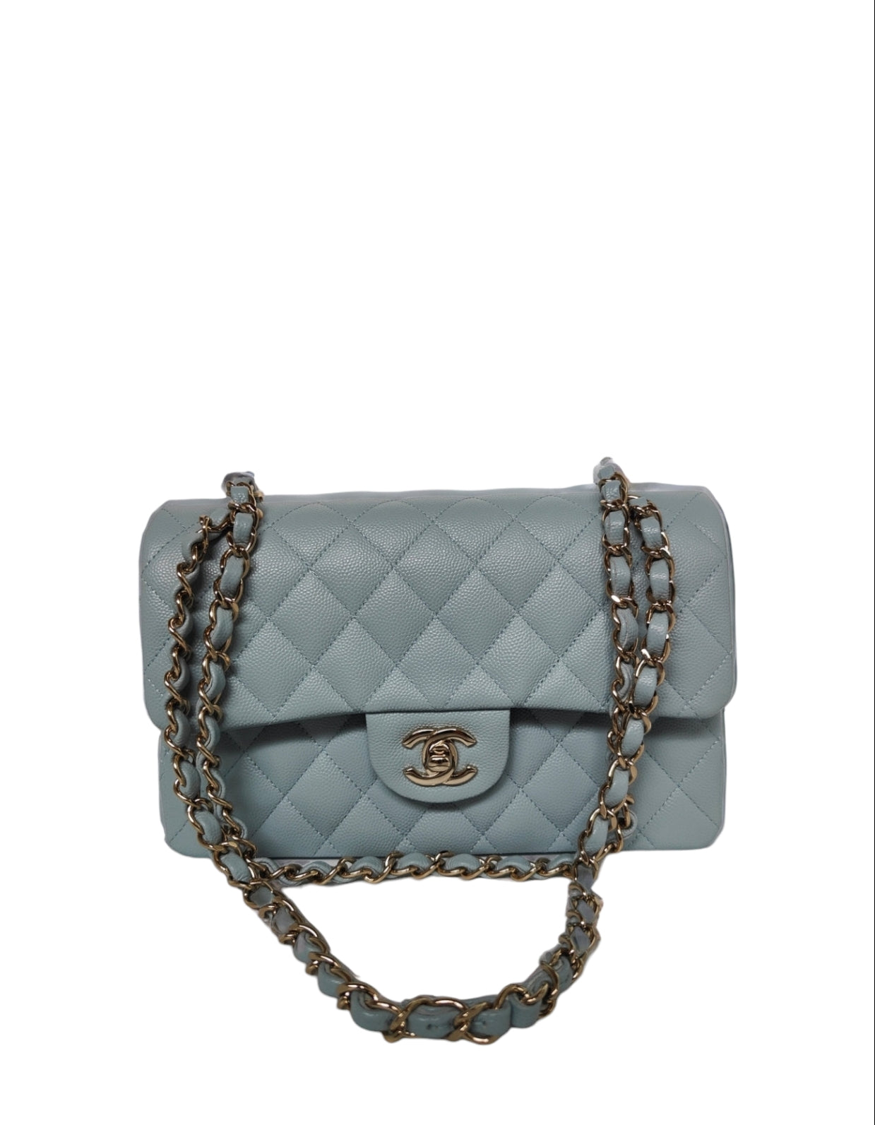 22p Chanel Medium Classic Double Flap Bag Light Blue Caviar