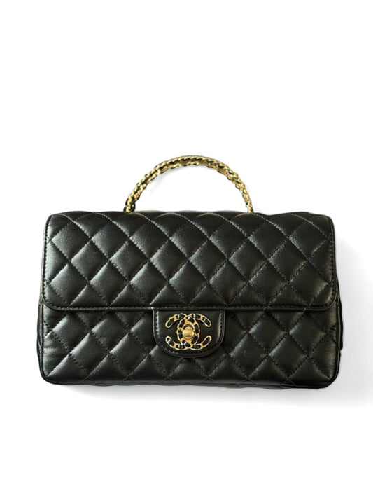 Chanel Flap Bag Handle Black Lambskin AGHW 24C