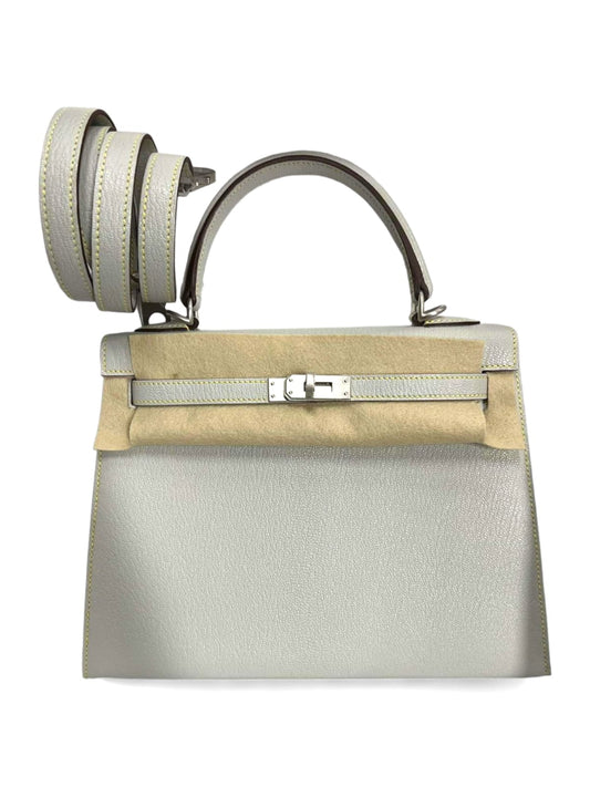 Hermes Kelly Sellier 25 Gris Pale Lime Stitching and Lime Interior Chevre BPHW