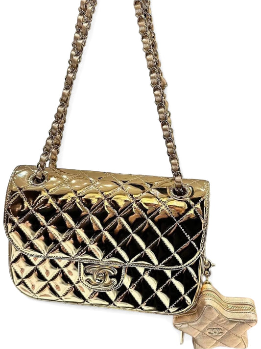 Chanel Flap Bag Gold Patent With Pouch Star Metalic LGHW 24C