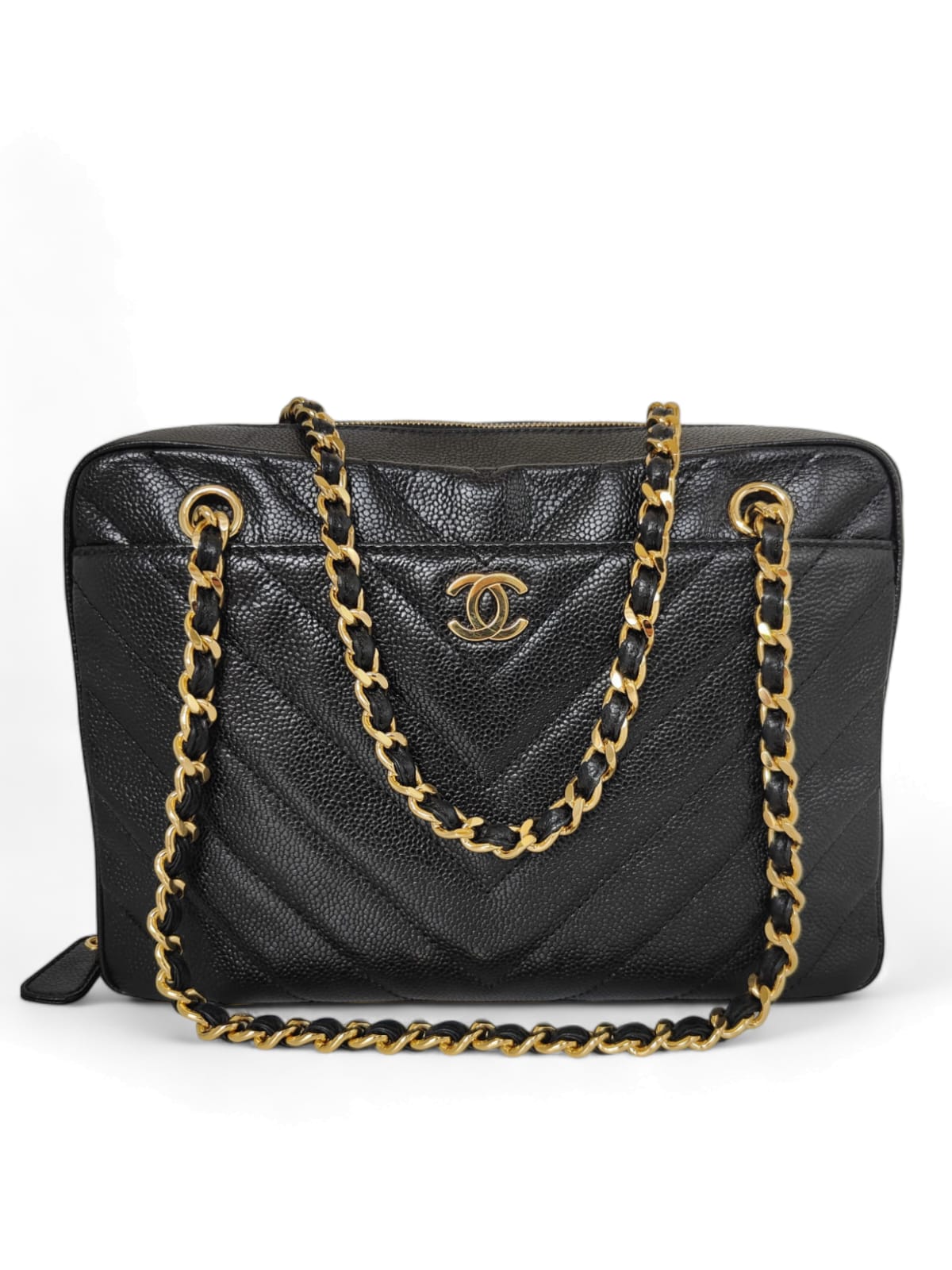 Chanel Vintage Medium Camera Pocket Black Chevron Caviar GHW