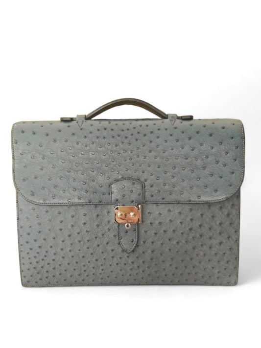 Hermes Sac a Depeches 35 Blue Roi Briefcase Ostrich PHW