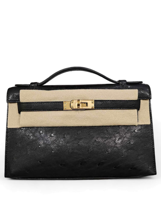 Hermes Kelly Pochette Noir Ostrich GHW