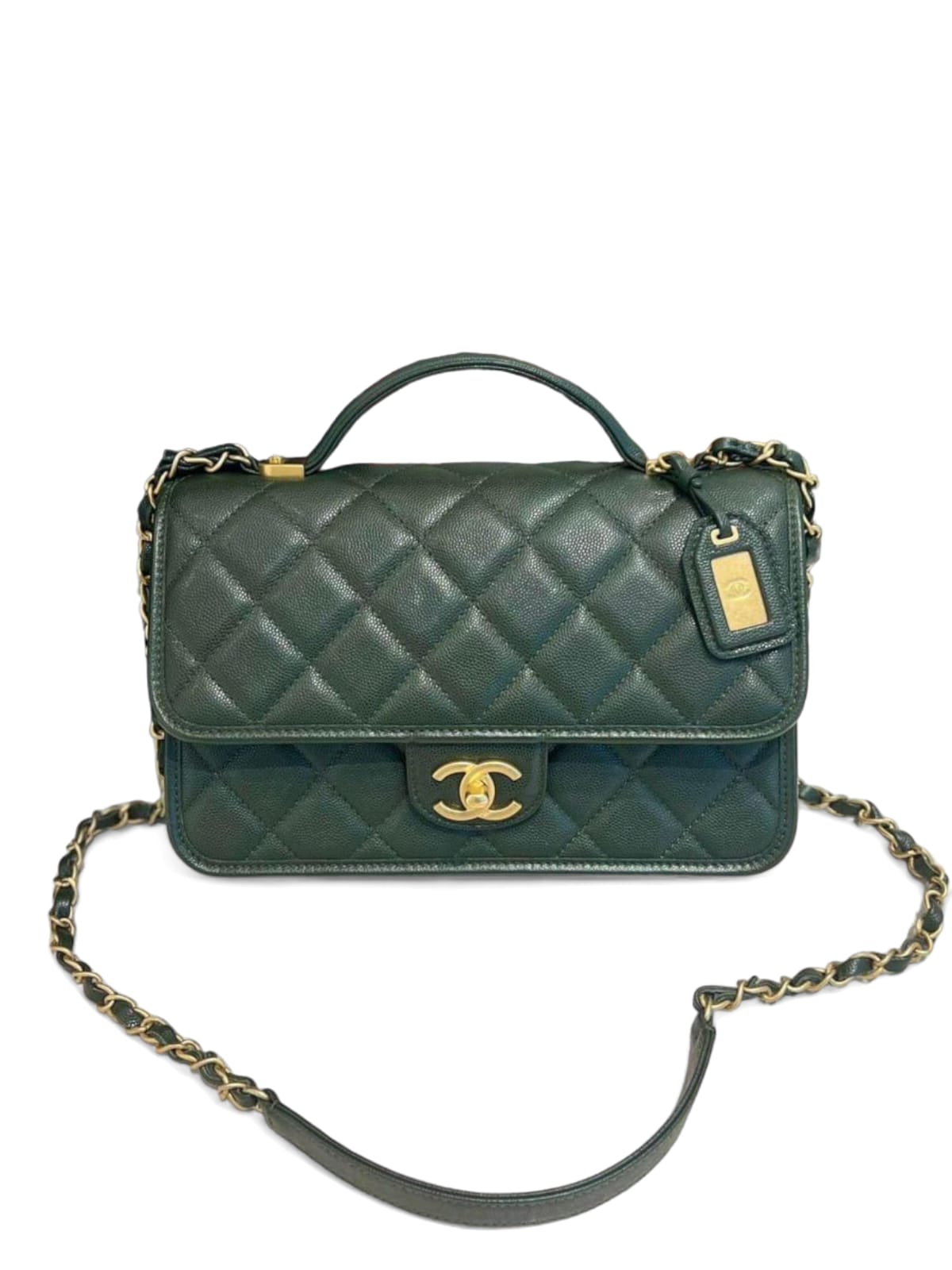 Chanel Flap Bag Handle Dark Green Caviar AGHW