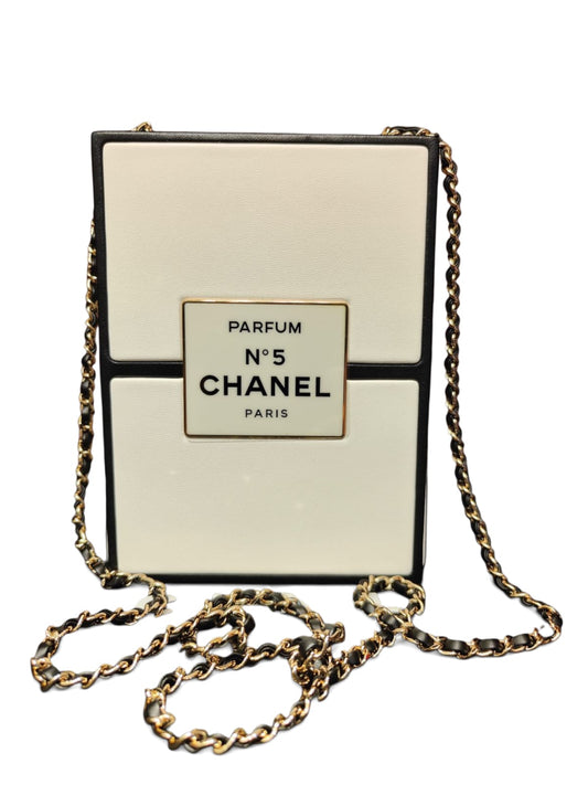 Chanel No. 5 Parfum Box Evening Clutch White Black Lambskin LGHW