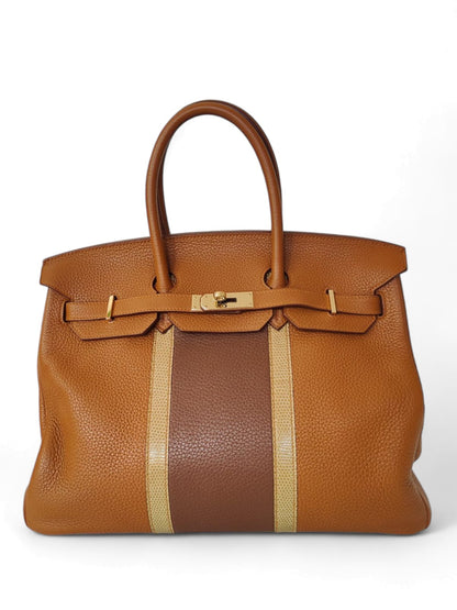 Hermes Birkin Retourne 35 Club Gold Clemence & Ficelle Lizard Permabrass Hardware