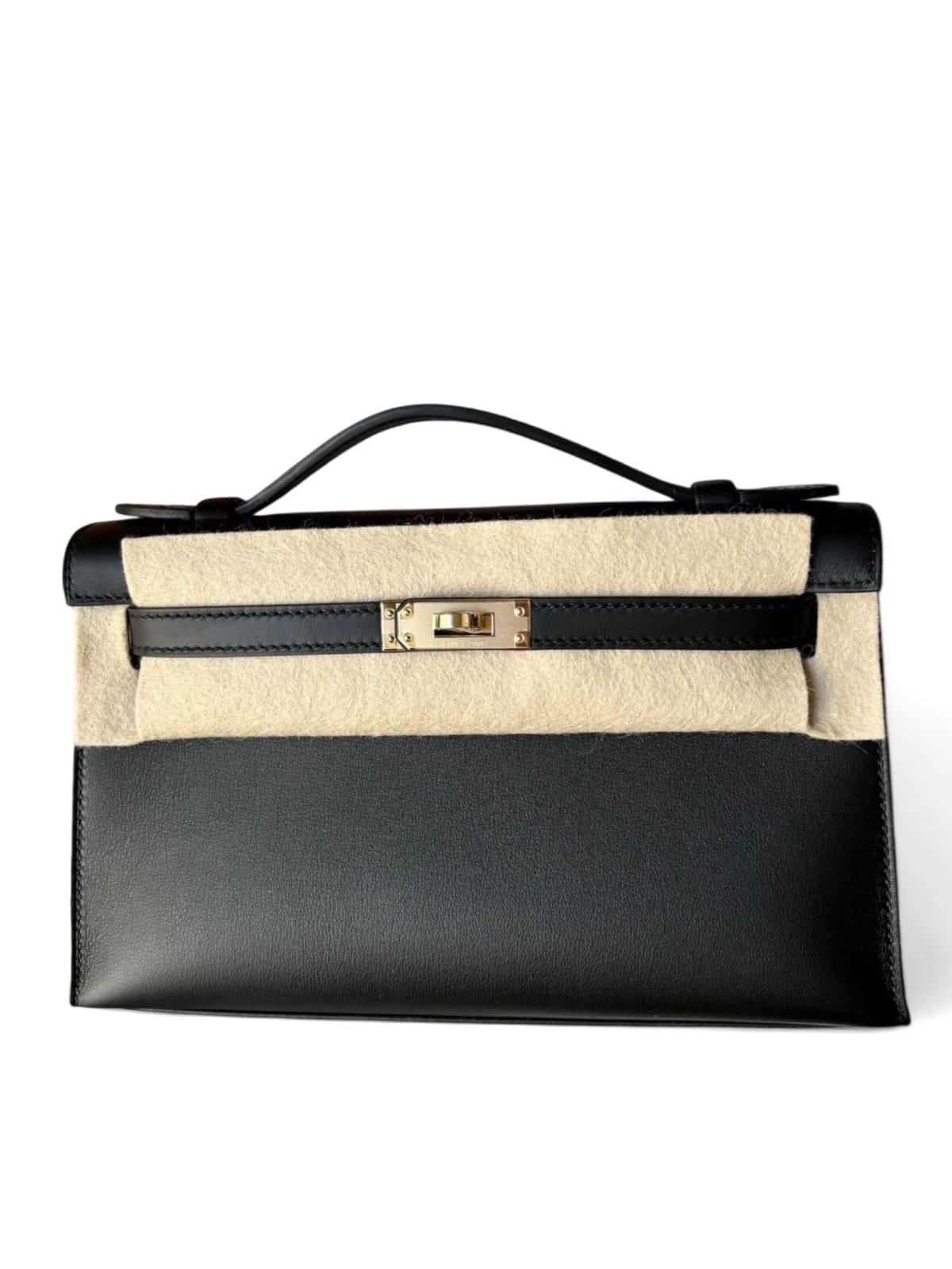 Hermes Kelly Pochette Noir Swift  Permabrass Hardware