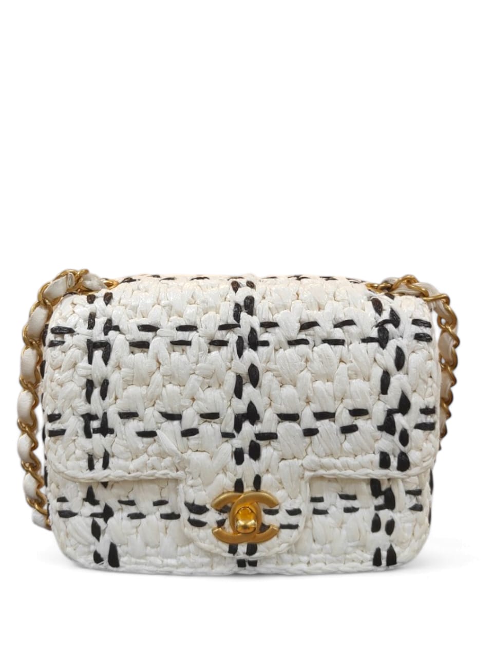 Chanel Mini Square Black/ White Raffia Effect Braided Tweed Antique GHW