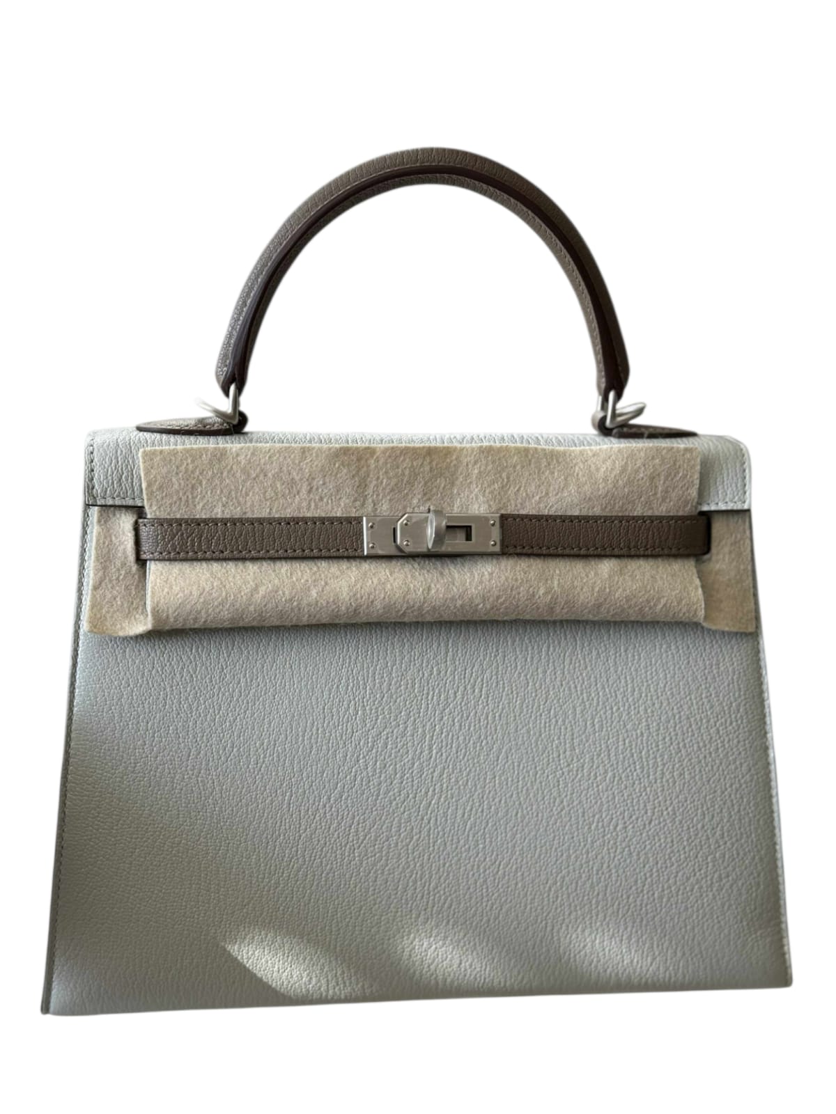 Hermes Kelly Sellier 25 Hss Gris Perle & Etoupe Chevre Brushed Palladium Hardware