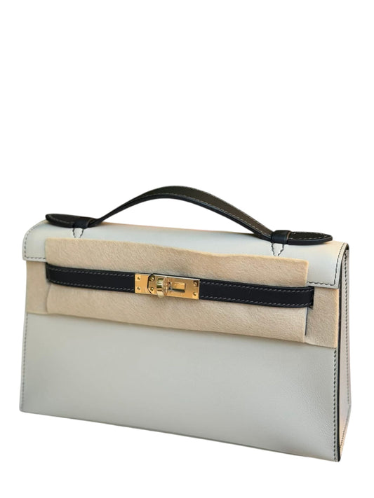 Hermes Kelly Pochette Beton & Noir Swift Permabrass Hardware