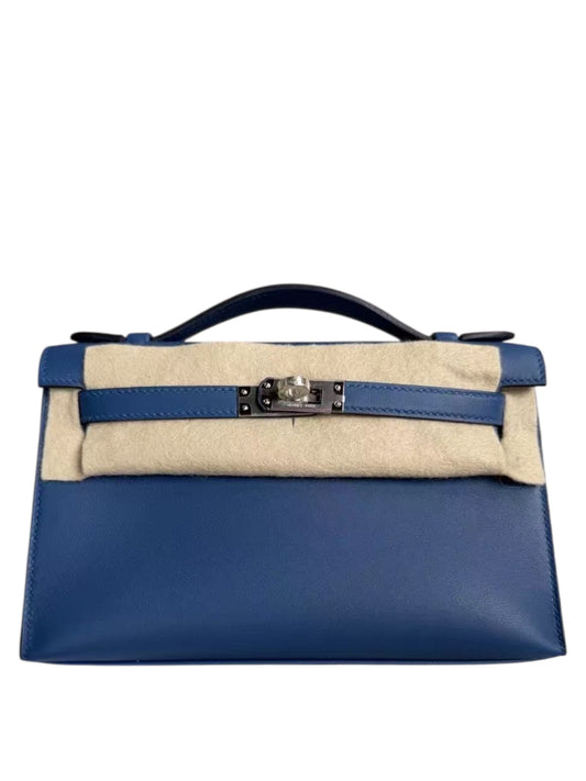 Hermes Kelly Pochette Blue Tie Swift PHW
