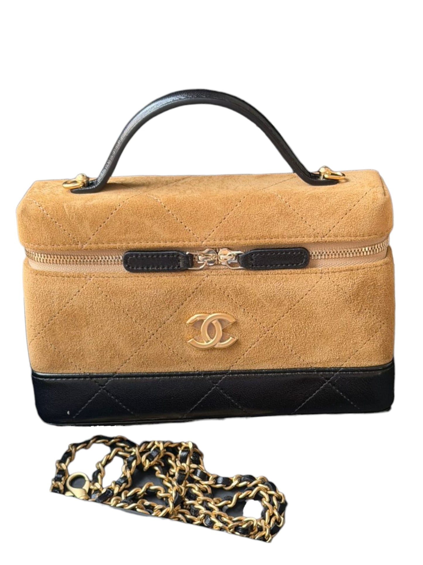 Chanel Vanity Light Brown Suede Calfskin & Black Shiny Lambskin AGHW 26S