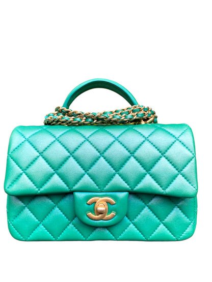 Chanel Mini Rectangualer Top Handle Iridescent Green Lambskin AGHW