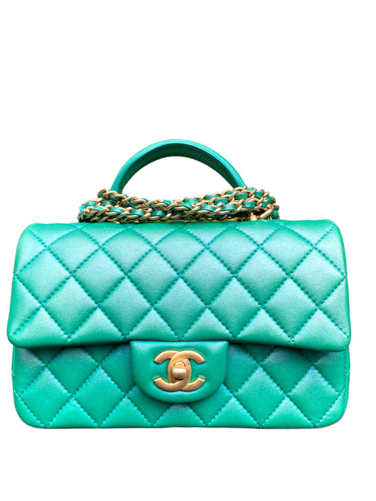 Chanel Mini Rectangualer Top Handle Iridescent Green Lambskin AGHW