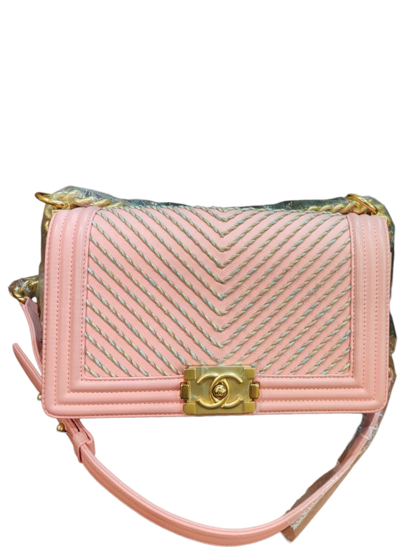 Chanel Boy Old By The Sea Medium Pink Lambskin Antique GHW Multicolour Chevron Embroidery