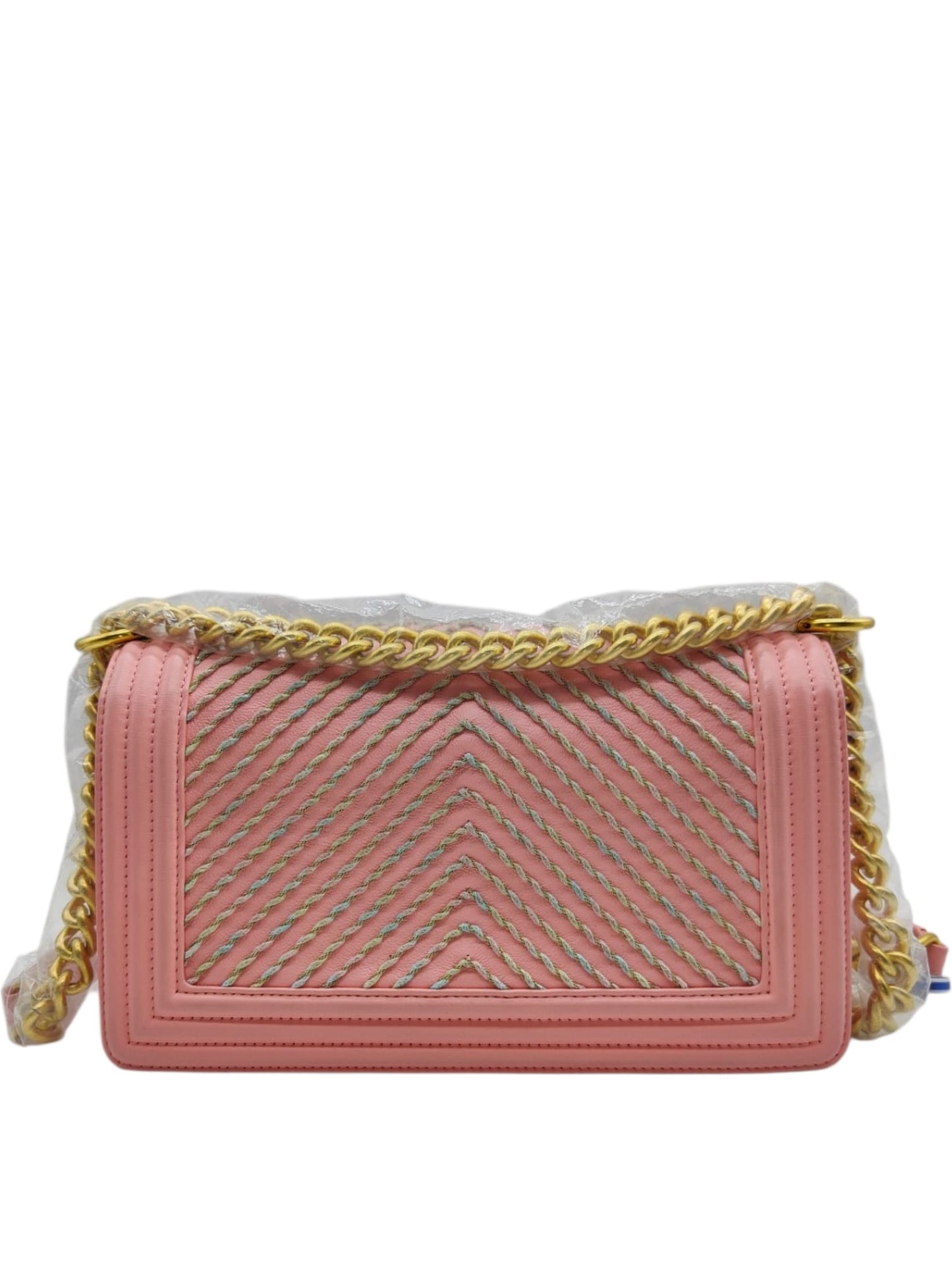 Chanel Boy Old By The Sea Medium Pink Lambskin Antique GHW Multicolour Chevron Embroidery
