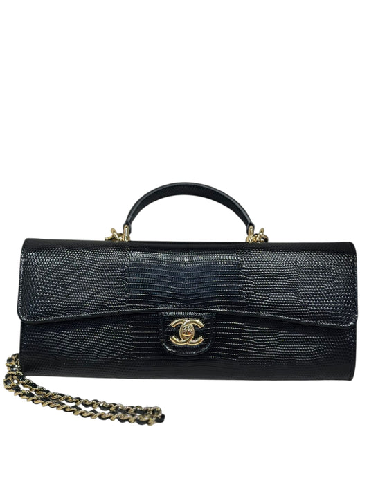 Chanel Cluth With Chain Black Lizard Embossed Calfskin & Gold-Tone Metal 26A
