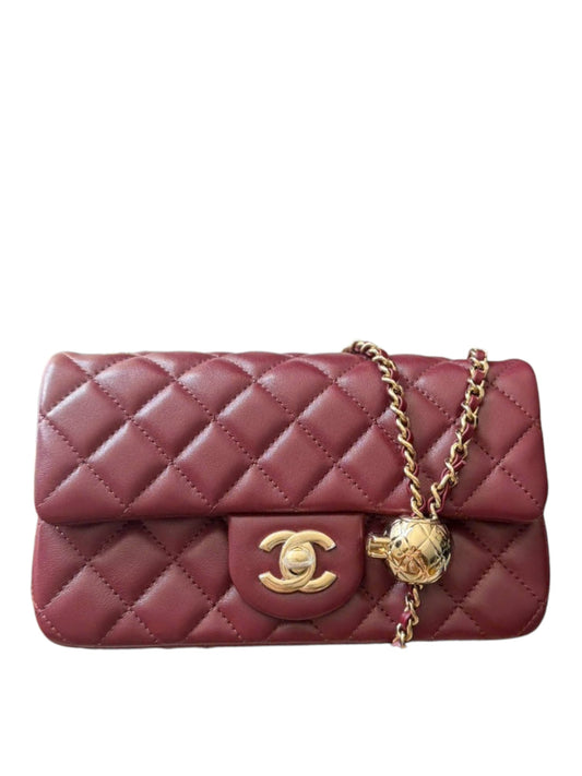 Chanel Mini Rectangular Pearl Crush Burgundy Lambskin Gold-Tone Metal