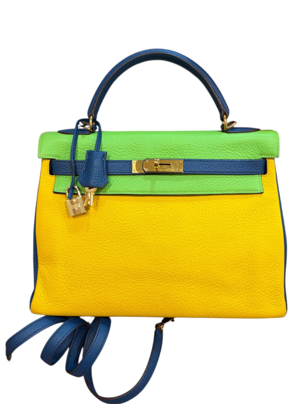 Hermes Kelly Retourne Vintage 32 Vert Cru Jaune Ambre Blue Thalassa GHW