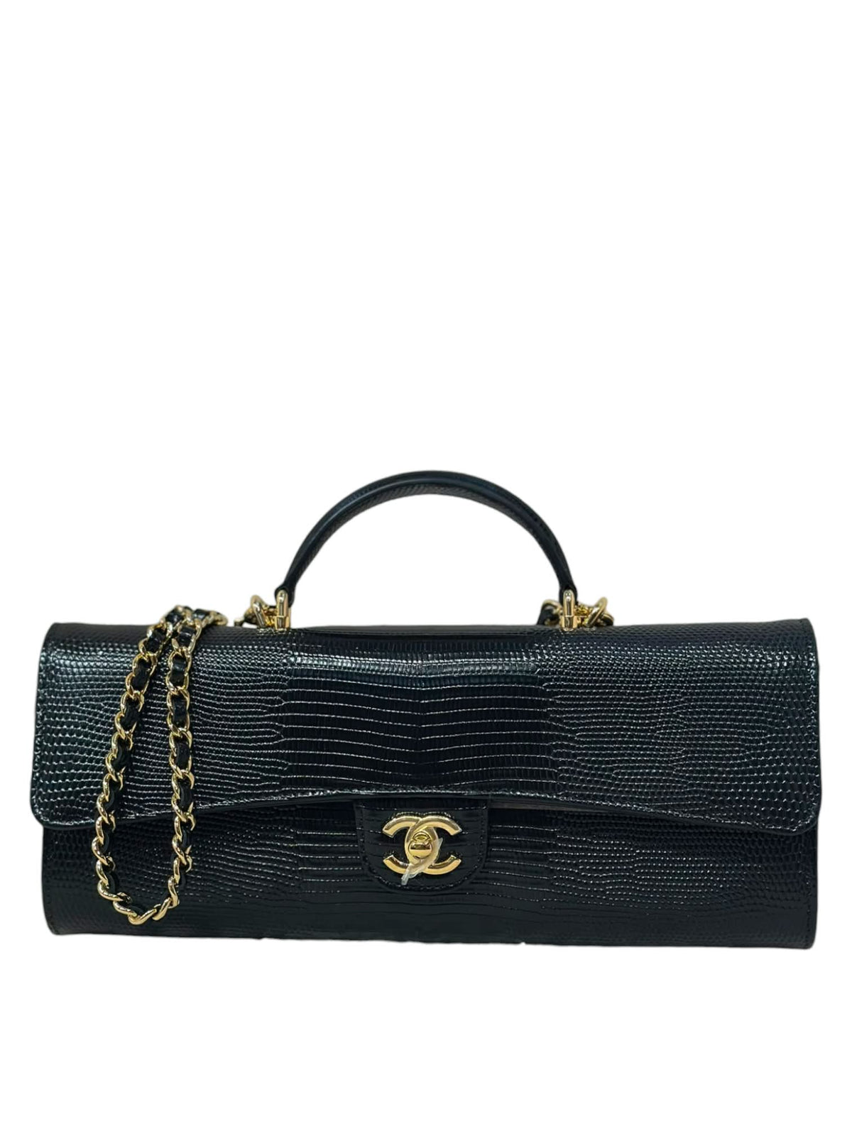 Chanel Cluth With Chain Black Lizard Embossed Calfskin & Gold-Tone Metal 26A