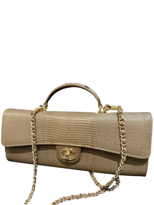 Chanel Cluth With Chain Khaki Lizard Embossed Calfskin & Gold-Tone Metal