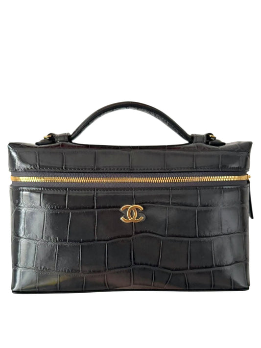 Chanel Vanity Croc Handle Dark Grey Crocodile Embossed GHW