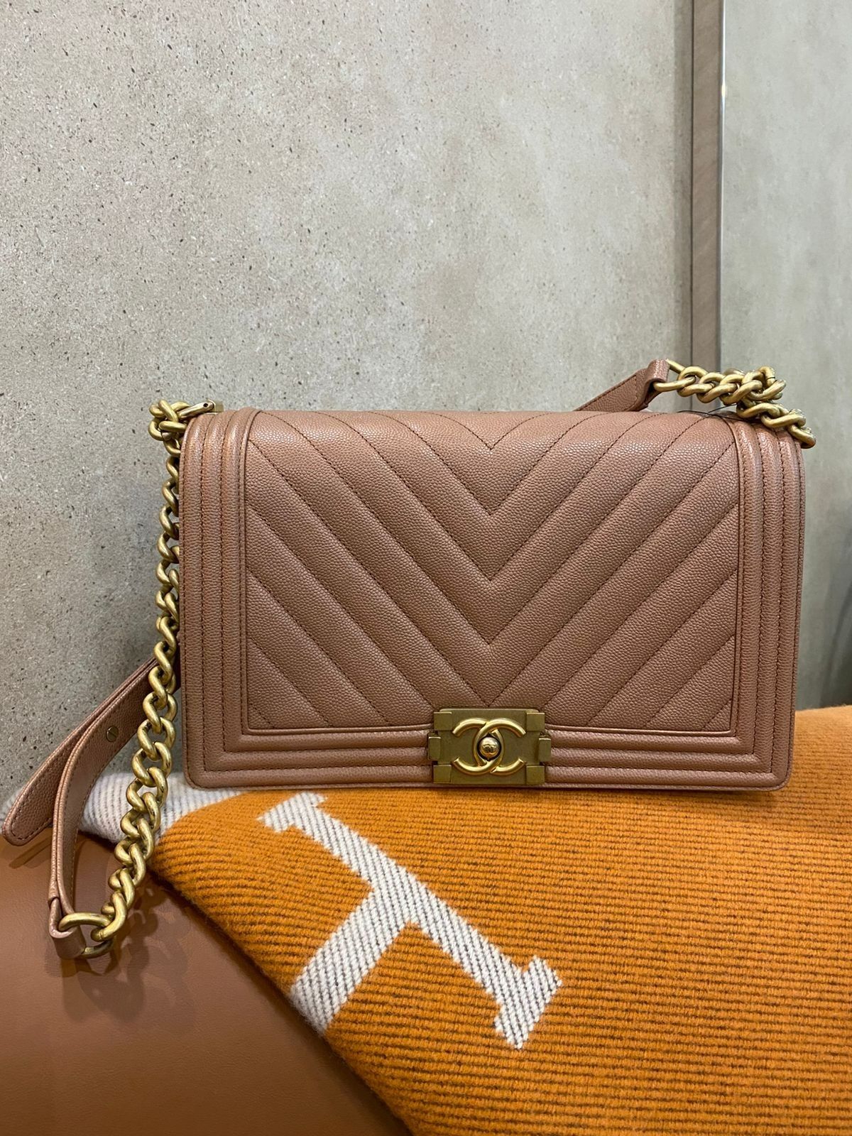 Chanel Old Boy Medium Chevron Caramel Caviar AGHW