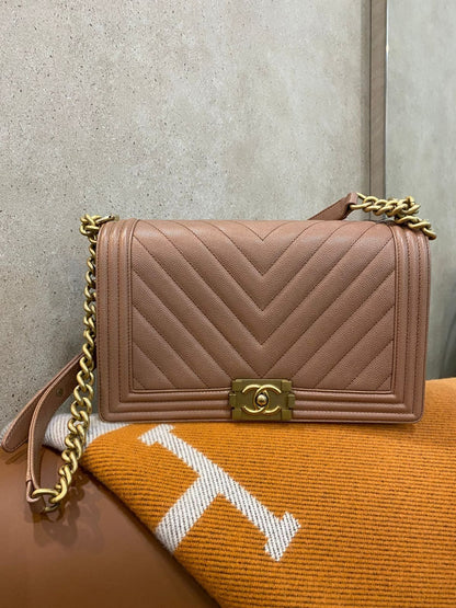 Chanel Old Boy Medium Chevron Caramel Caviar AGHW