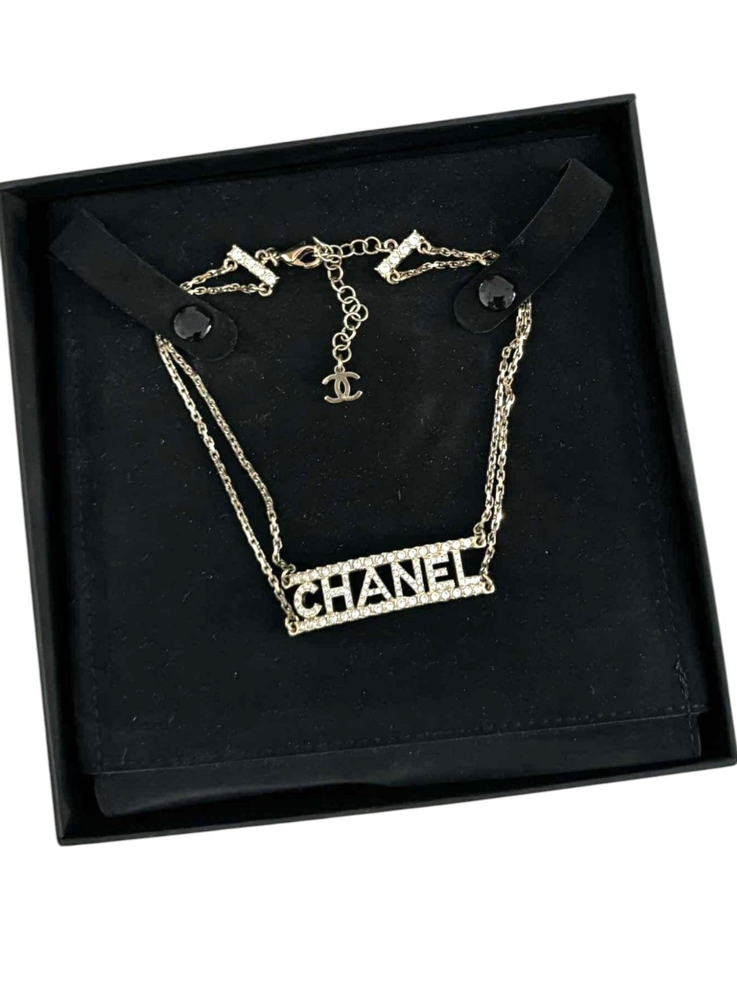 Chanel Necklace Metal Crystal Logo Choker