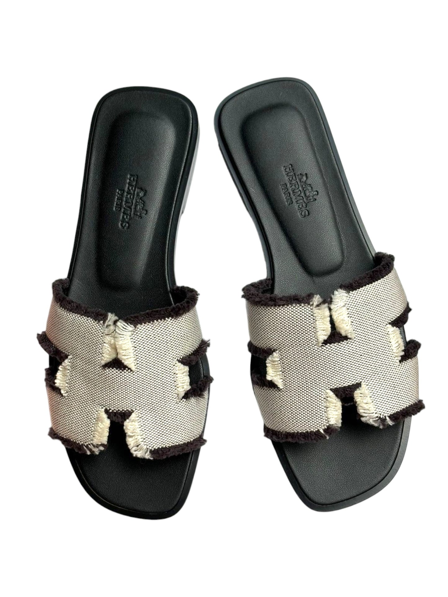 Hermes Oran Sandal Denim Fringed Brown/ White